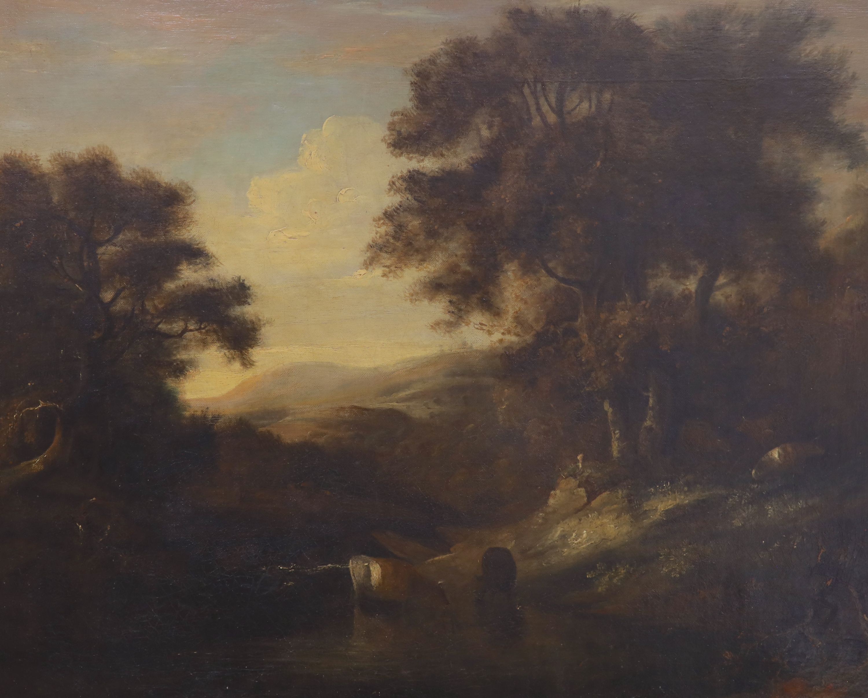 19th century English School, oil on canvas, Cattle watering in a landscape, 49 x 59cm